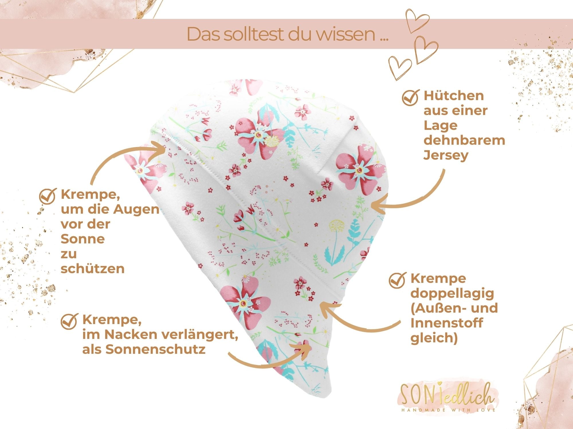 Sonnenhut für Babys und Kinder „lovely flowers“ Details