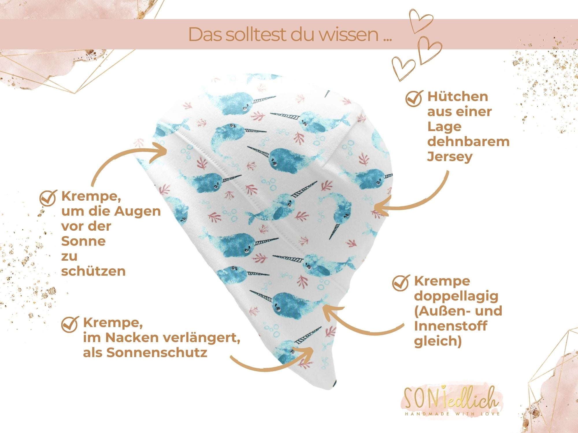Sonnenhut für Babys und Kinder „Narwale“ Details