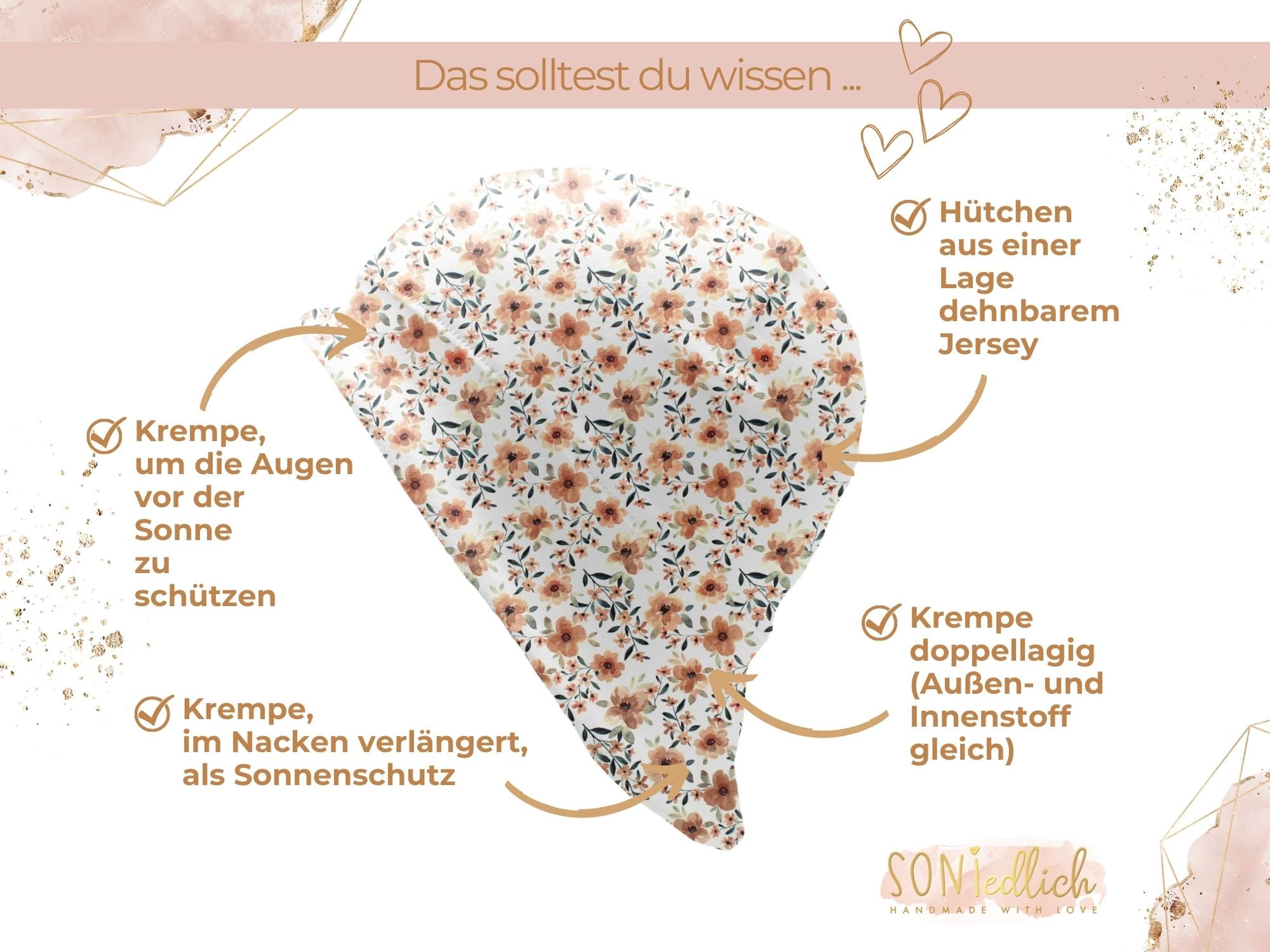 Sonnenhut für Babys und Kinder „Quittenblüte“ Details