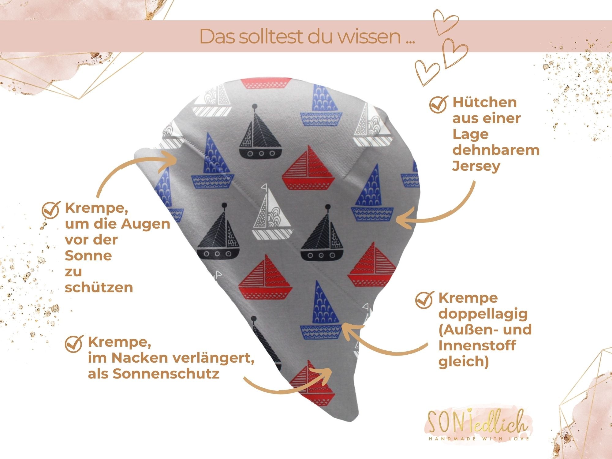 Sonnenhut für Babys und Kinder „Segelboot“ Details