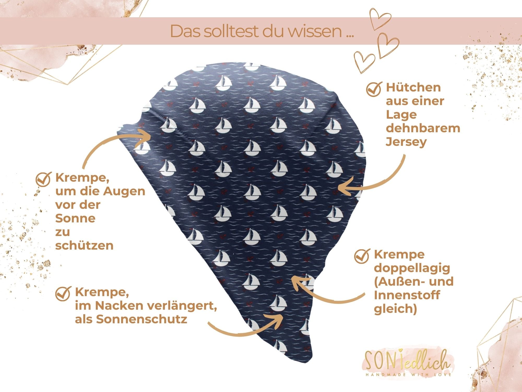 Sonnenhut für Babys und Kinder „Segelboote, marine“ Details