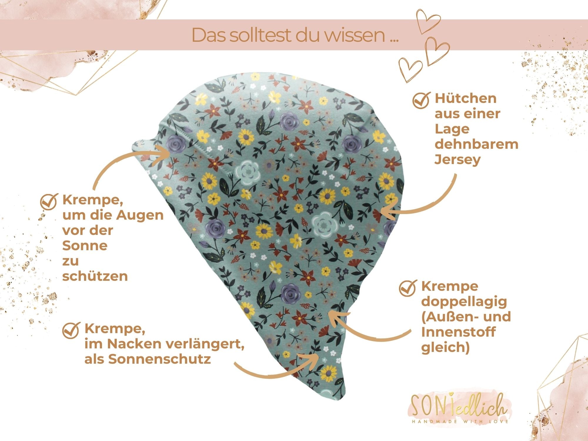 Sonnenhut für Babys und Kinder „Sommerwiese, altgrün“ Details