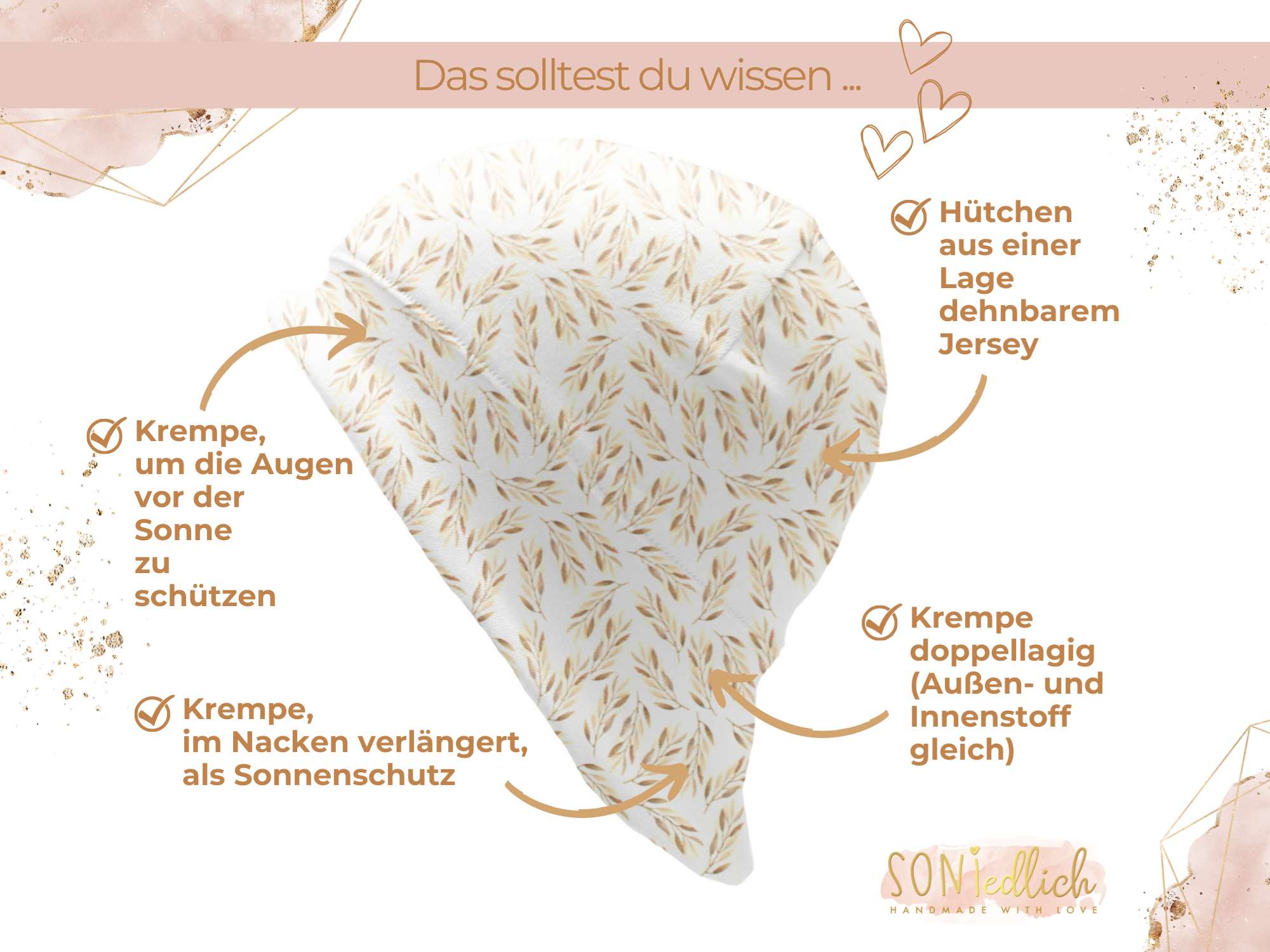 Sonnenhut für Babys und Kinder „Weizenzweige“ Details