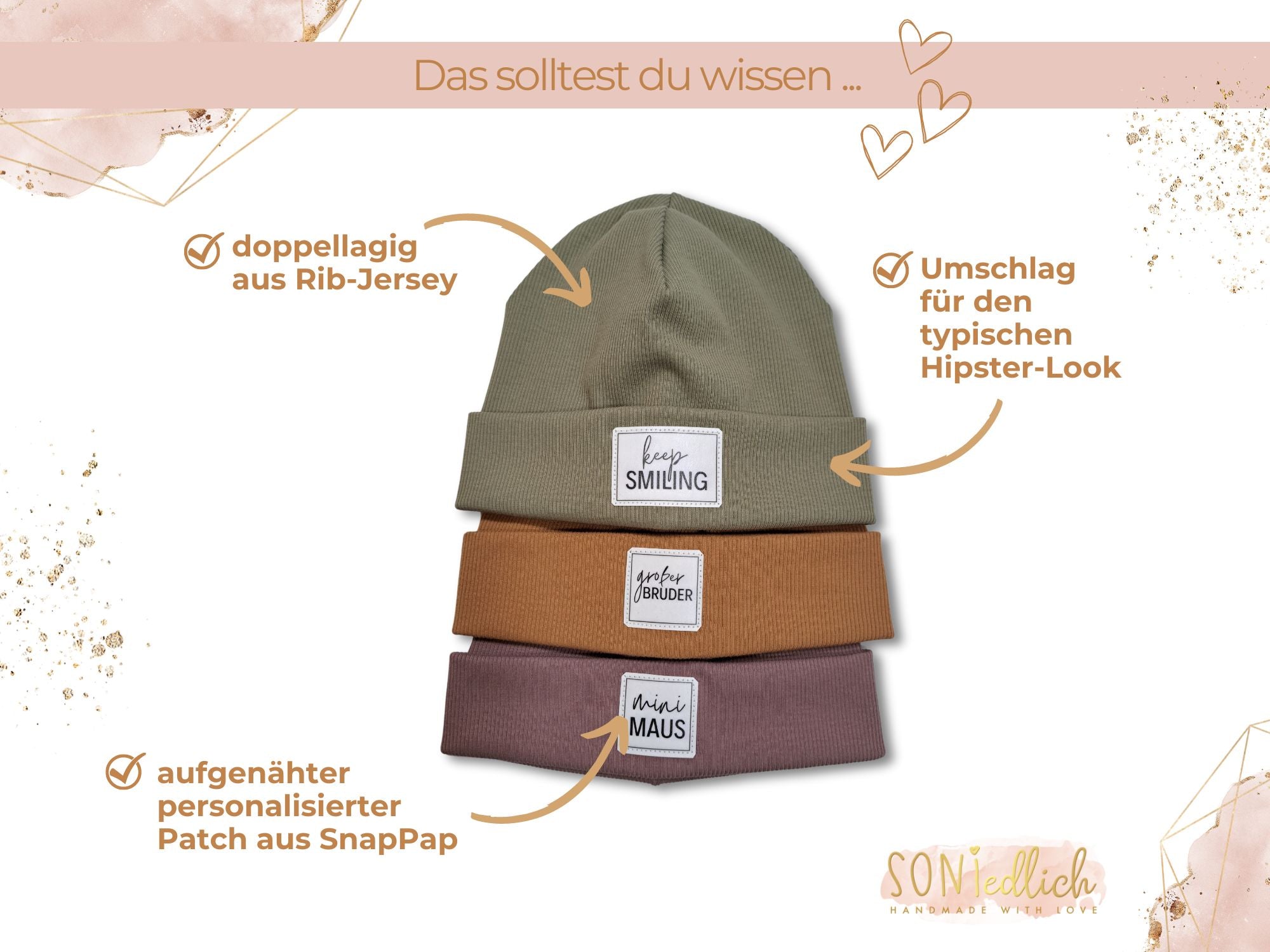 Statement-Mütze für Babys, Kinder und Erwachsene. Personalisierbar in 11 Farben. Doppellagig angefertigt, mit dem typischen Hipster-Umschlag, der Patch ist aus weißem SnapPap angeferrtigt.