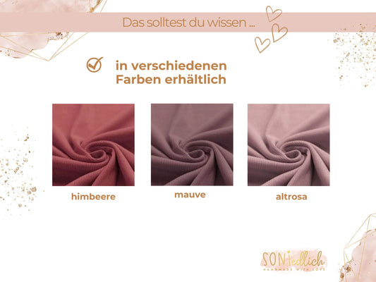 Statement-Mütze für Babys, Kinder und Erwachsene. Personalisierbar in 11 Farben. Darstellung der Farben himbeere, mauve und altrosa.