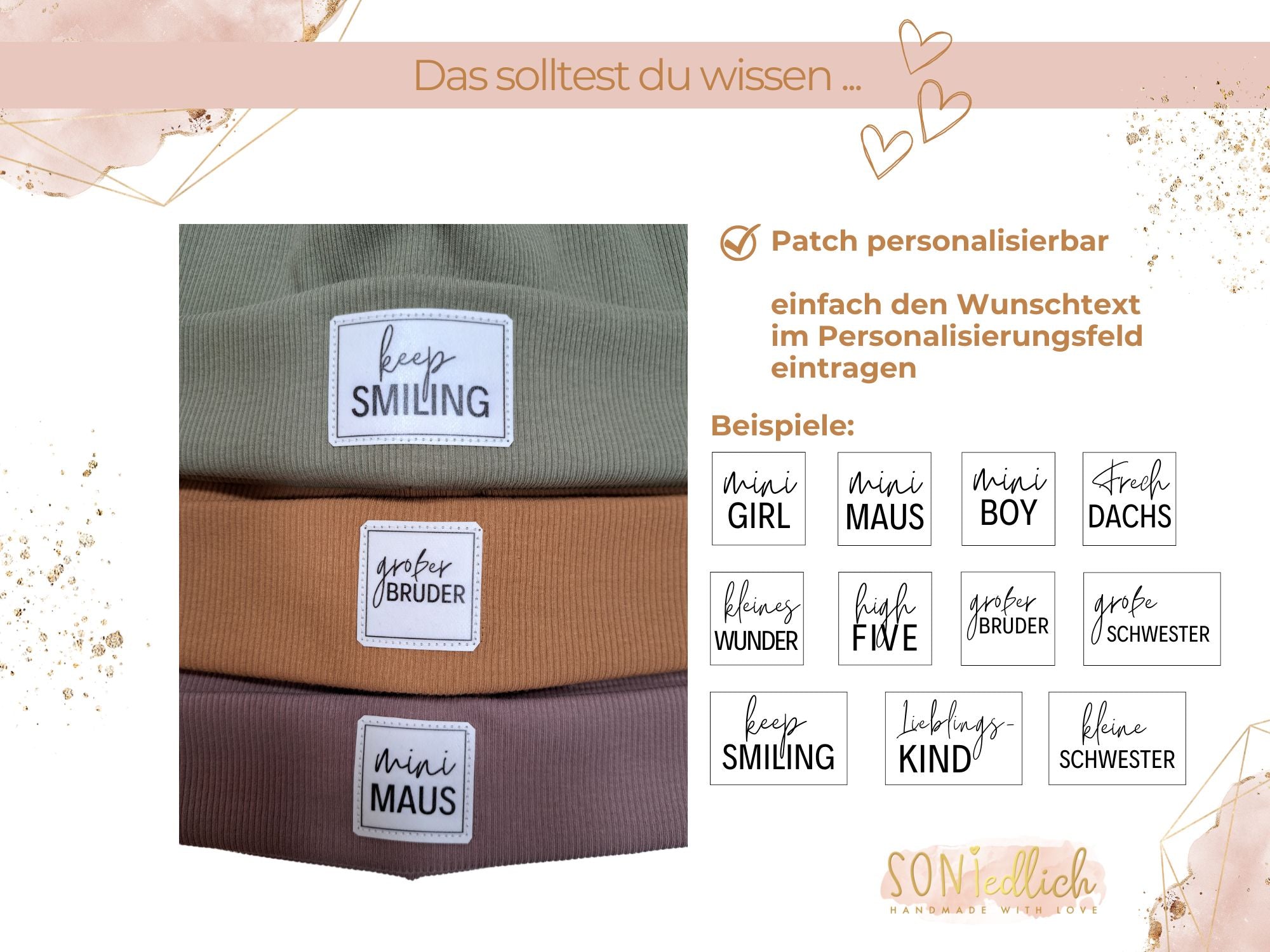 Statement-Mütze für Babys, Kinder und Erwachsene. Personalisierbar in 11 Farben. Beispiele für die Gestaltung des Patches.