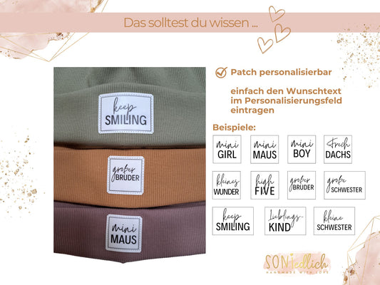 Statement-Mütze für Babys, Kinder und Erwachsene. Personalisierbar in 11 Farben. Beispiele für die Gestaltung des Patches.