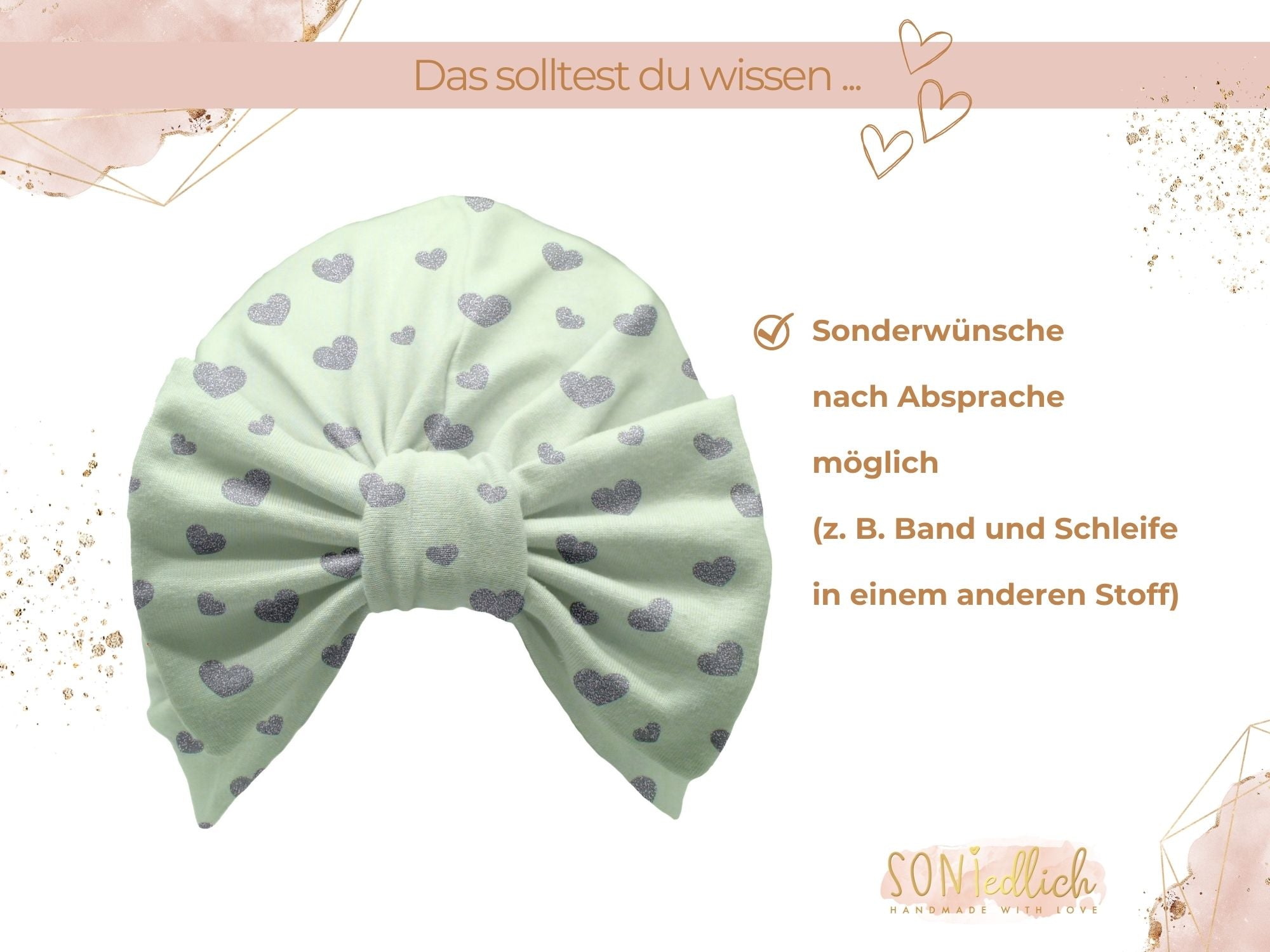 Turbanmütze „Glitzerherzen, mint“ Sonderwünsche