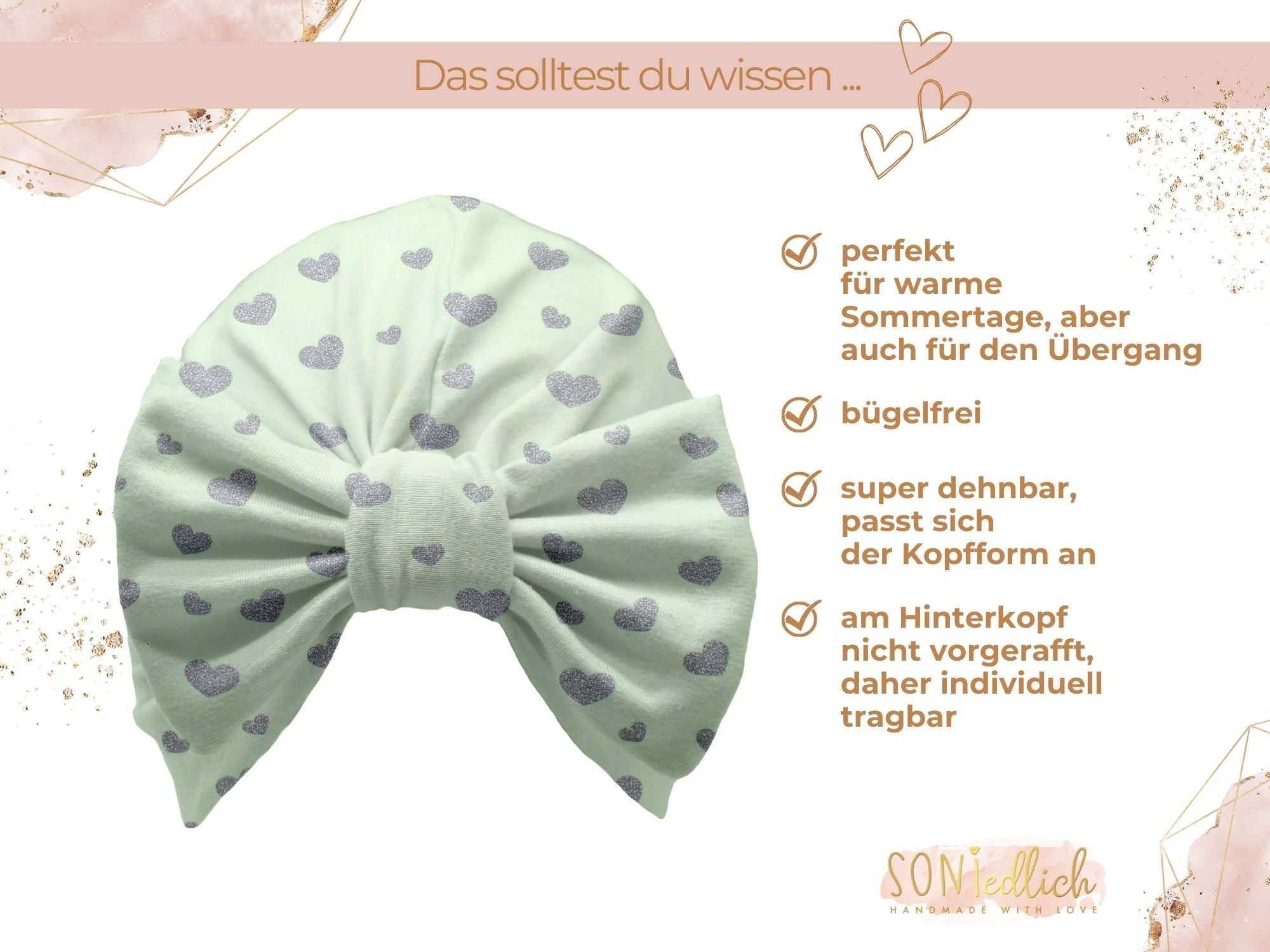 Turbanmütze „Glitzerherzen, mint“ Beschreibung