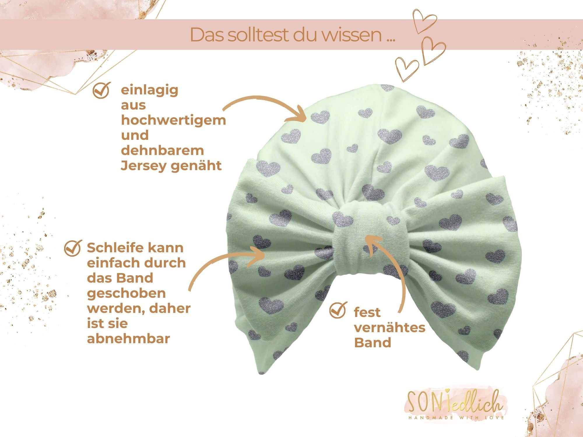 Turbanmütze „Glitzerherzen, mint“ Details
