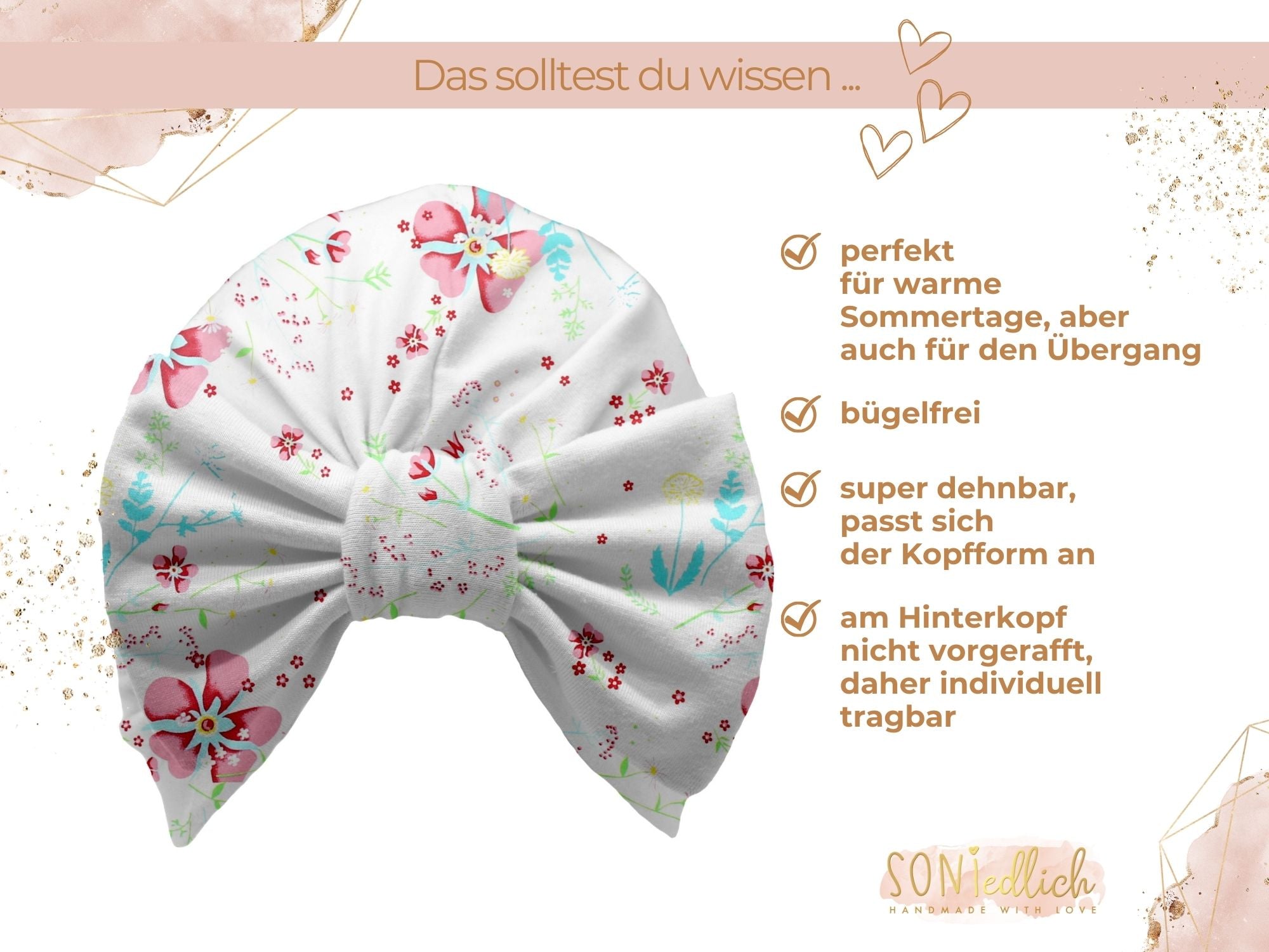Turbanmütze „lovely flowers“ Beschreibung