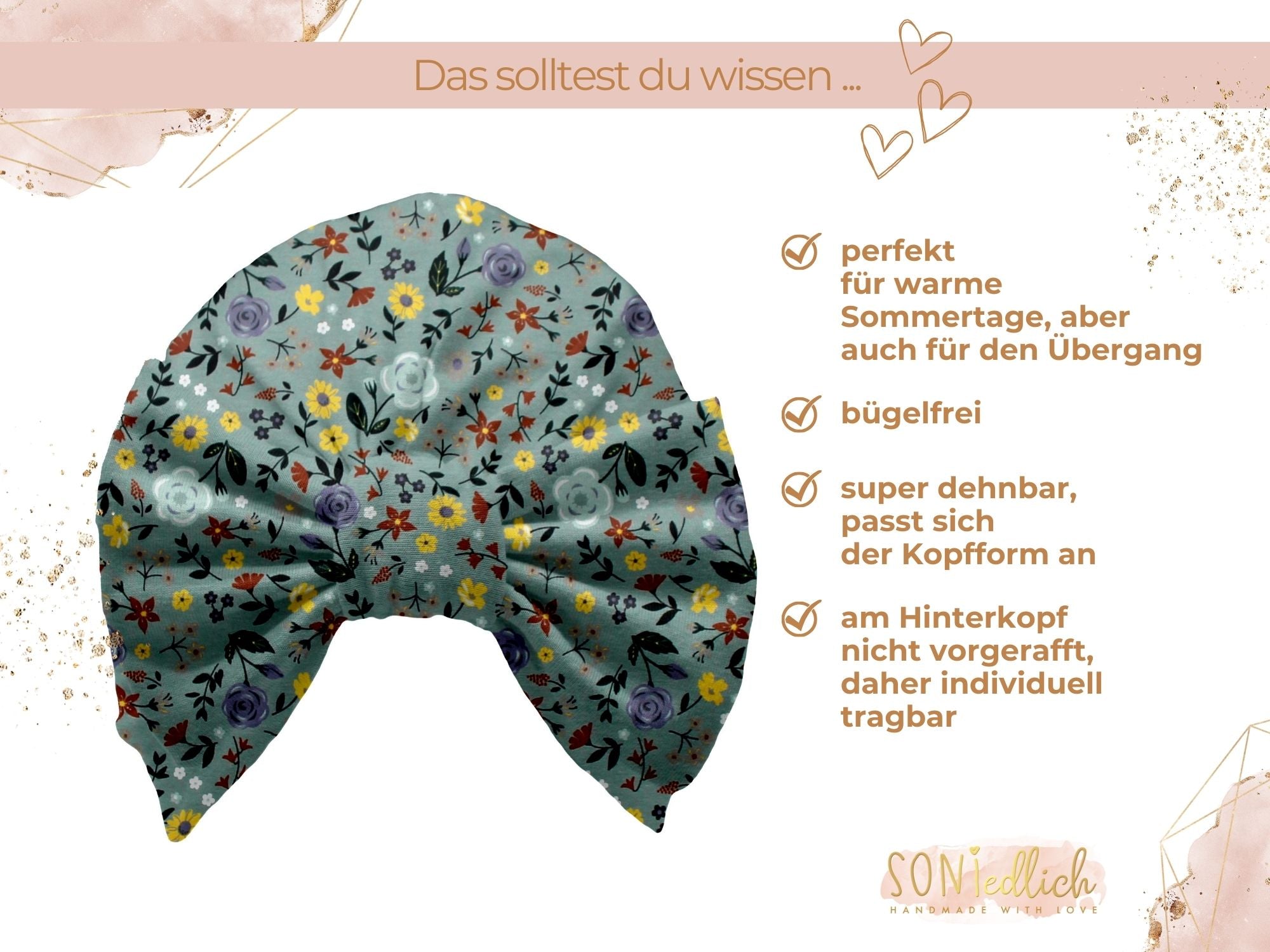 Turbanmütze „Sommerwiese, altgrün“ Beschreibung