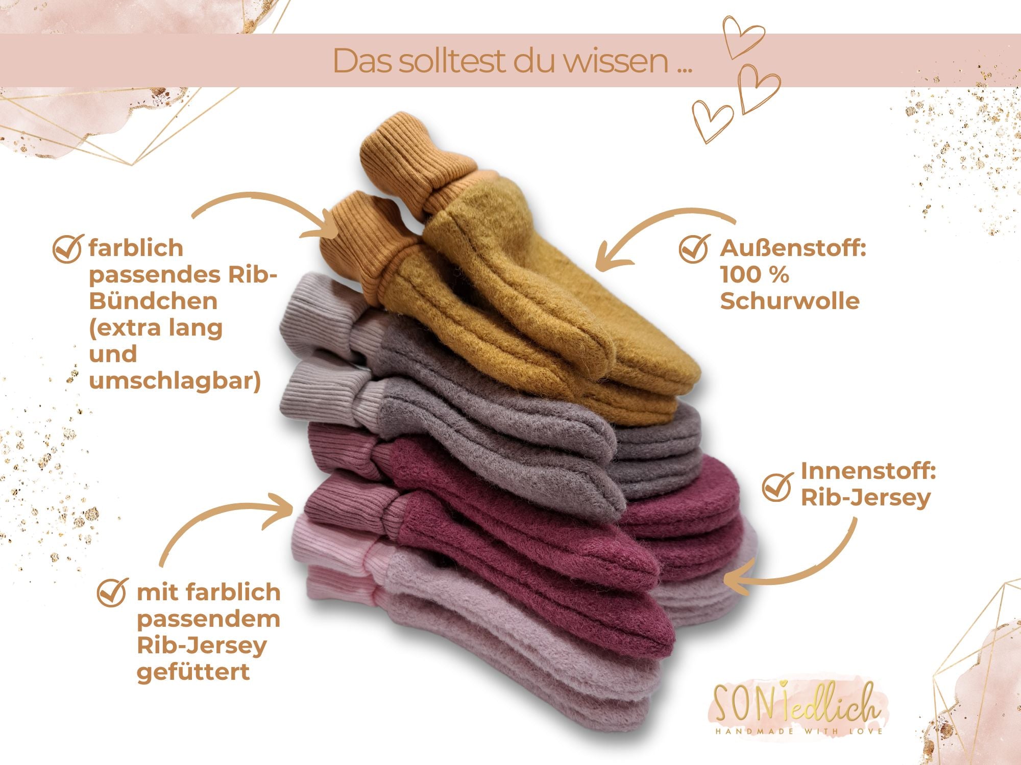 Handschuhe aus Wollwalk für Babys, Kinder und Erwachsene, Außenstoff Wollwalk, Innenstoff Rib-Jersey, farblich passendes und extra langes sowie umschlagbares Rib-Bündchen 