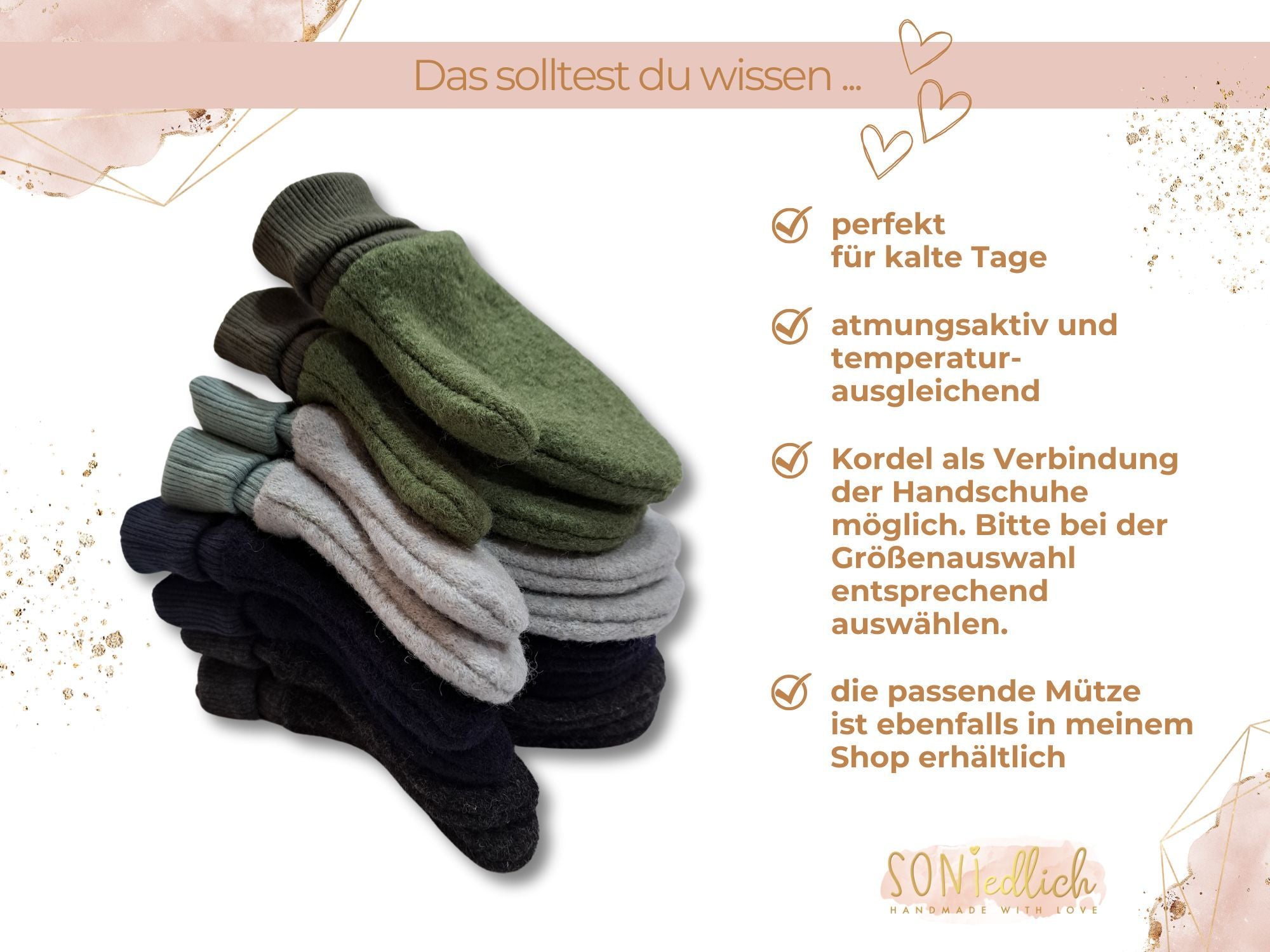 Handschuhe aus Wollwalk für Babys, Kinder und Erwachsene, perfekt für kalte Tage, atmungsaktiv und temperaturausgleichend, die passende Mütze ist ebenfalls in meinem Shop erhältlich