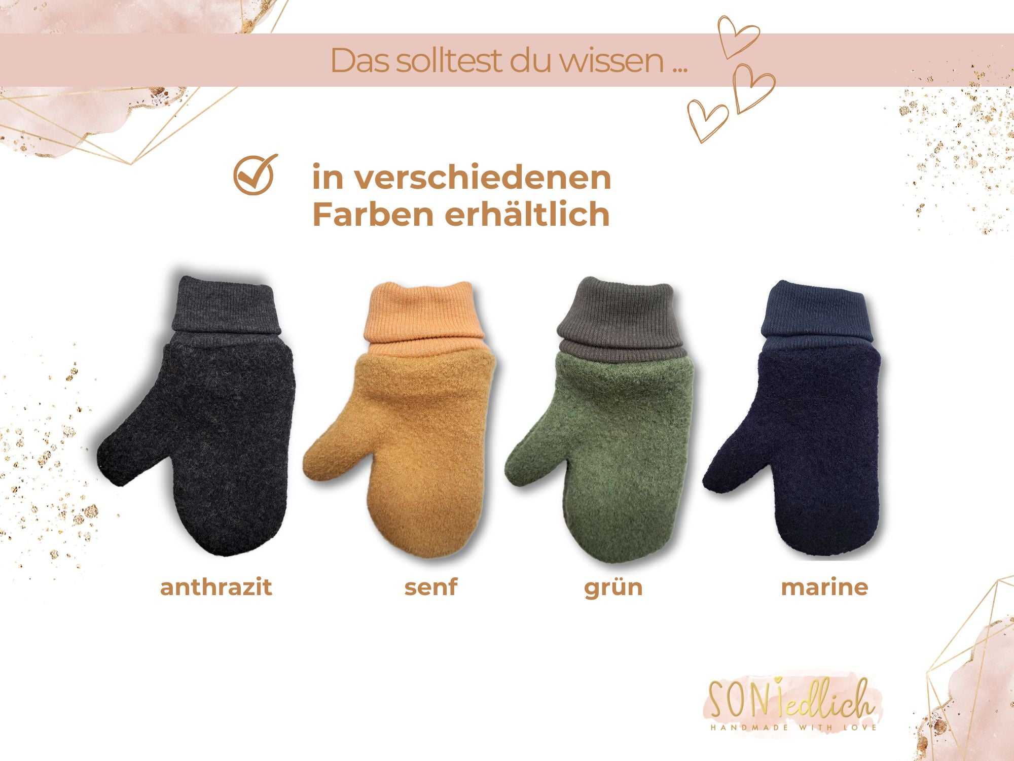 Handschuhe aus Wollwalk für Babys, Kinder und Erwachsene, Darstellung der Farben anthrazit, senf, grün und marine