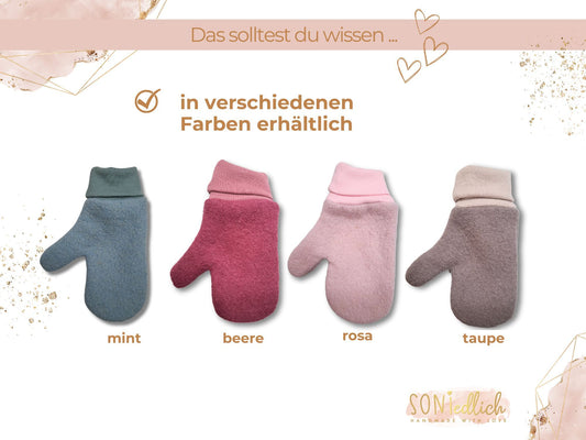 Handschuhe aus Wollwalk für Babys, Kinder und Erwachsene, Darstellung der Farben mint, beere, rosa und taupe