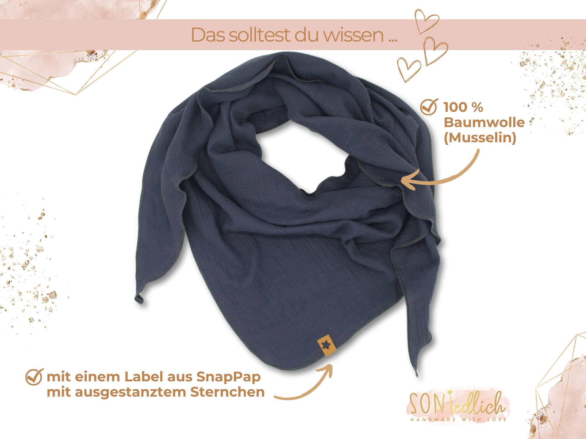XXL-Tuch aus Musselin in der Farbe grau aus 100 % Baumwolle. Darstellung des Labels aus braunem SnapPap mit einem ausgestanzten Sternchen.