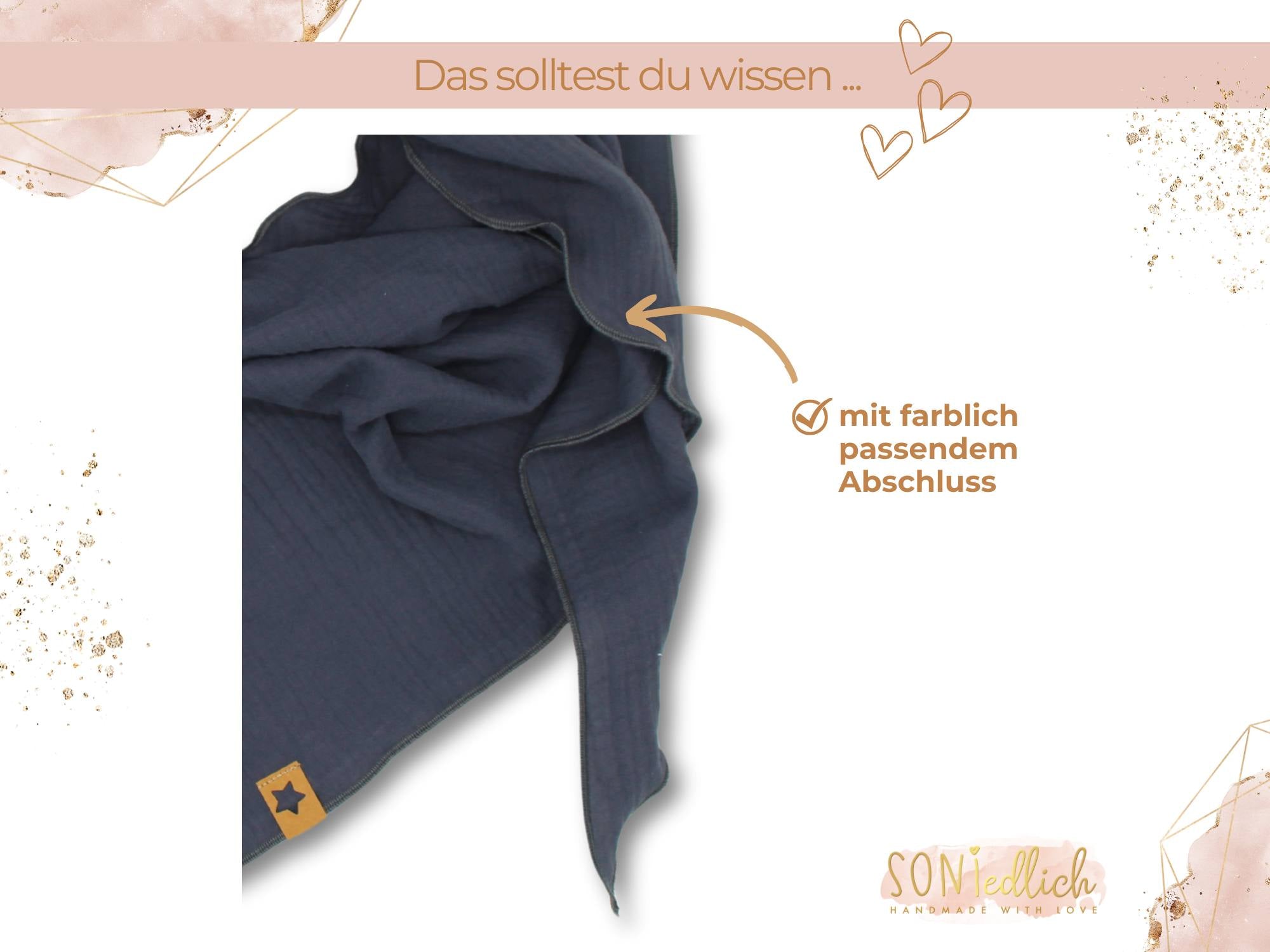 XXL-Tuch aus Musselin in der Farbe grau. Darstellung der Kantenversäuberung mit einem grauen Rollsaum.